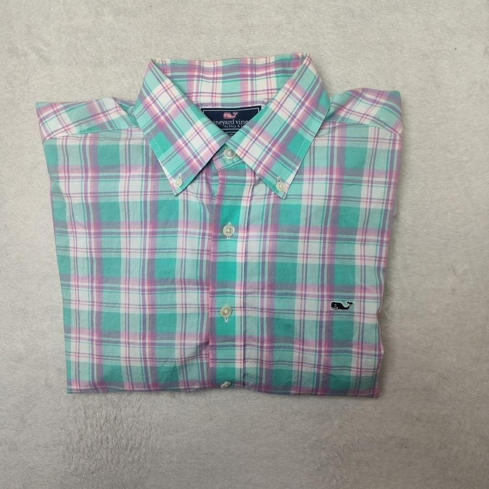 Vineyard Vines Whale Shirt Mens L Green Plaid Button Up Long Sleeve Slim Fit